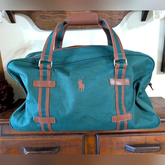 Vintage Polo Ralph Lauren Duffle Overnight Bag Green Canvas Brown Accents - Picture 1 of 14